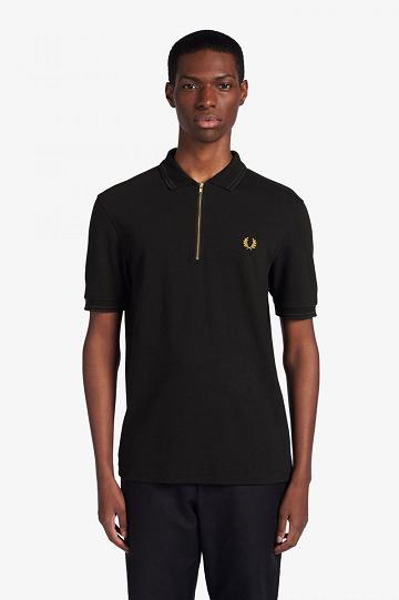 Black Fred Perry Zip Neck Polo Men's Shirts | PH 1547EBCX